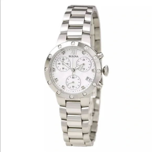 ♥️ BULOVA DIAMOND WATCH Silver Tone Mother of Pearl Face